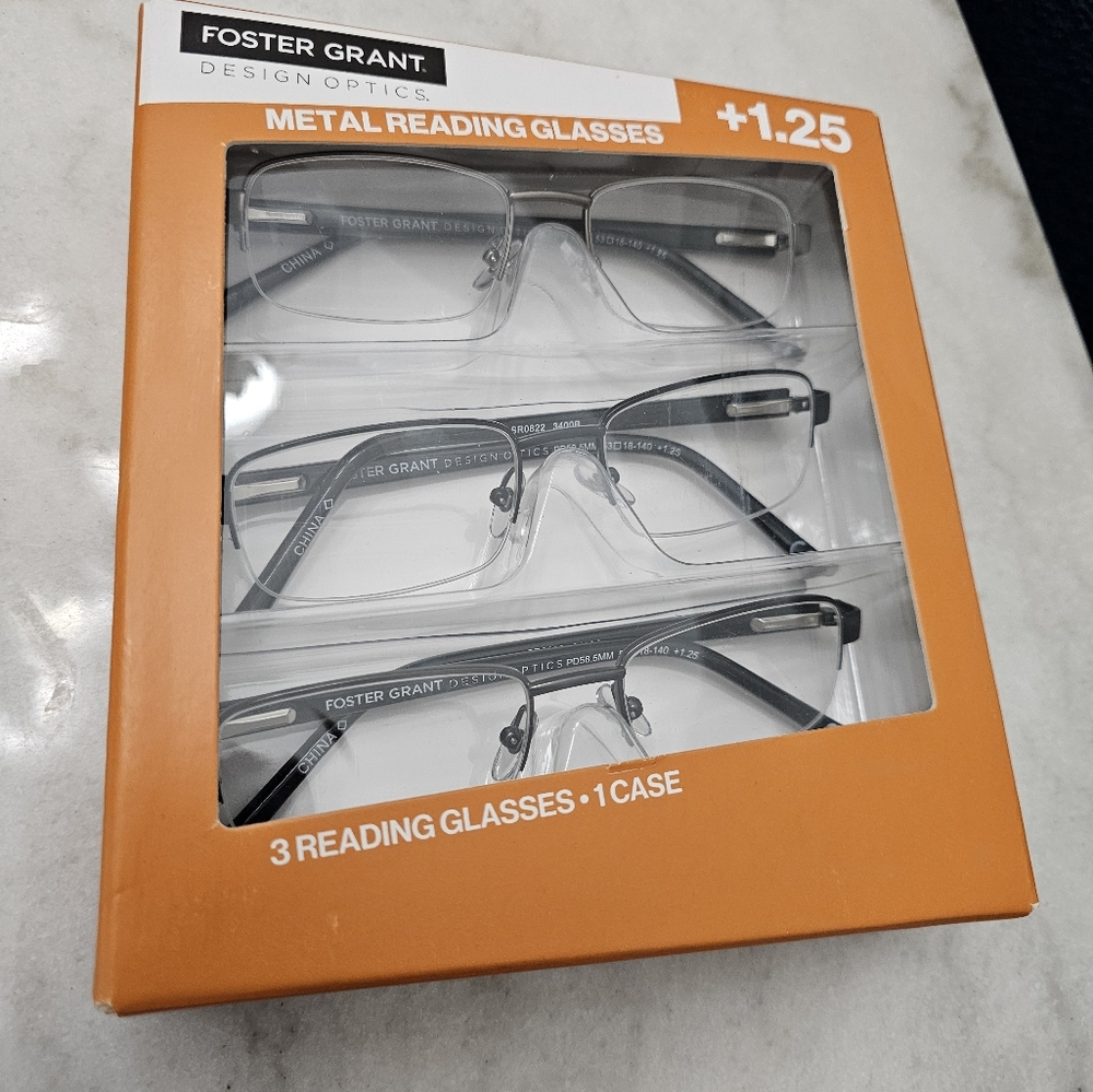Design Optics Foster Grant Metal Reading Glasses, Semi-Rim+1.25 -3 Pack + 1 Case